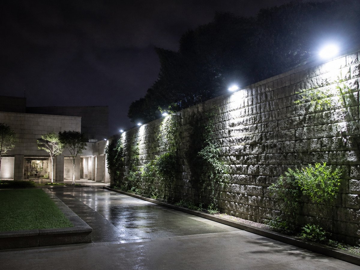 LED flood lights illuminating a courtyard